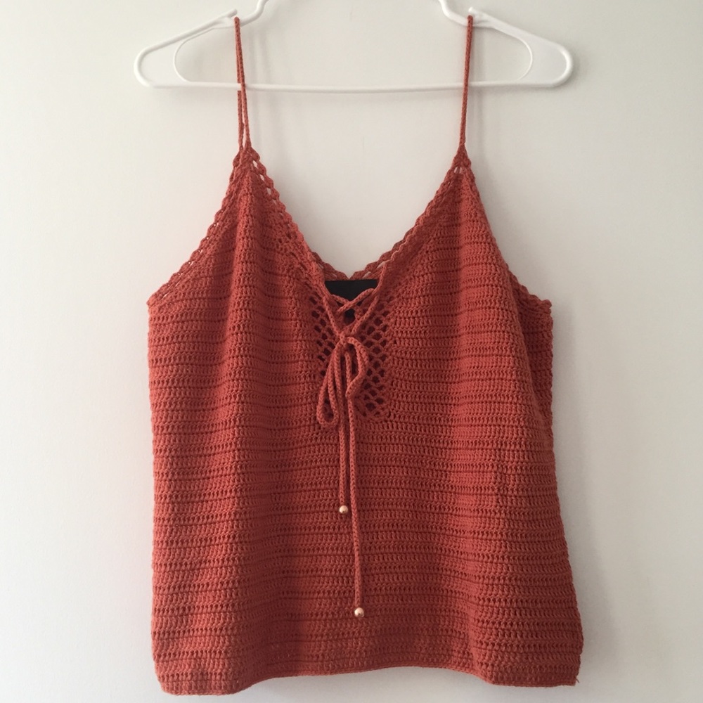 Intermix Crochet Knit Lace Up Tank Top